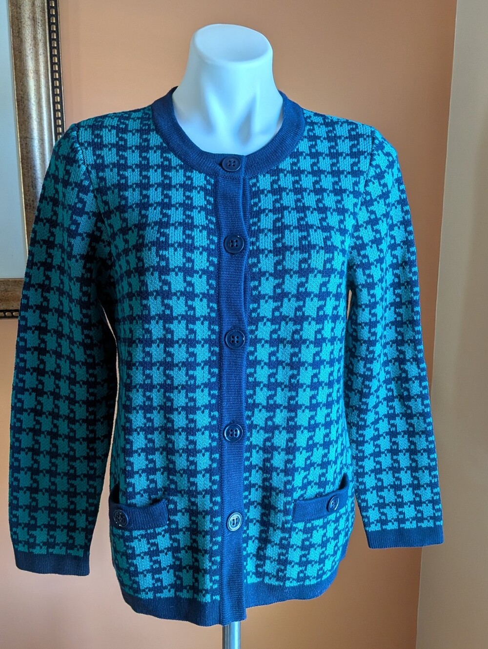 The TOG SHOP Blue Teal Houndstooth Knit Cardigan Sweater MP